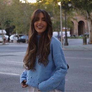 Zara Beaded Rich Blue Sweater | Mock Turtleneck | Pompons | Small | NWT